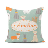 Custom Name Mixed Dog Breeds Cute Pets Green Background Seamless Square Filled Cushion Throw Pillow Sofa Bed Home Decor Zip Washable UK Made