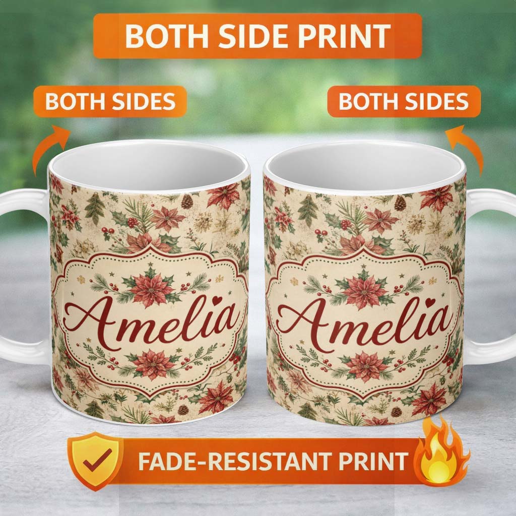 Personalized Custom Name Vintage Christmas Floral with Holly Poinsettia and Pine Classic 11oz Ceramic Coffee Tea Mug White Large Handle