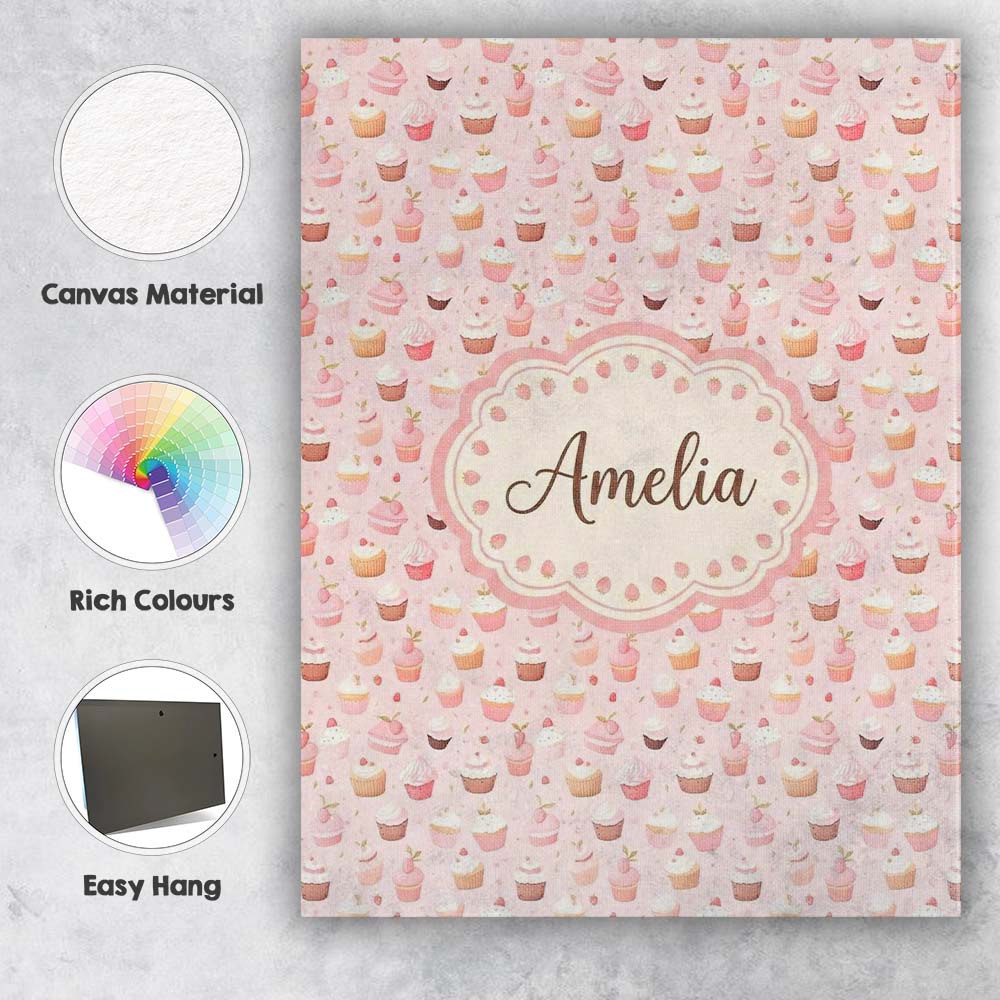 Personalised Name Cute Pink Cupcake Dessert Custom  Bespoke Interior Contemporary Canvas Wall Art Print Decor Picture Ready to Hang