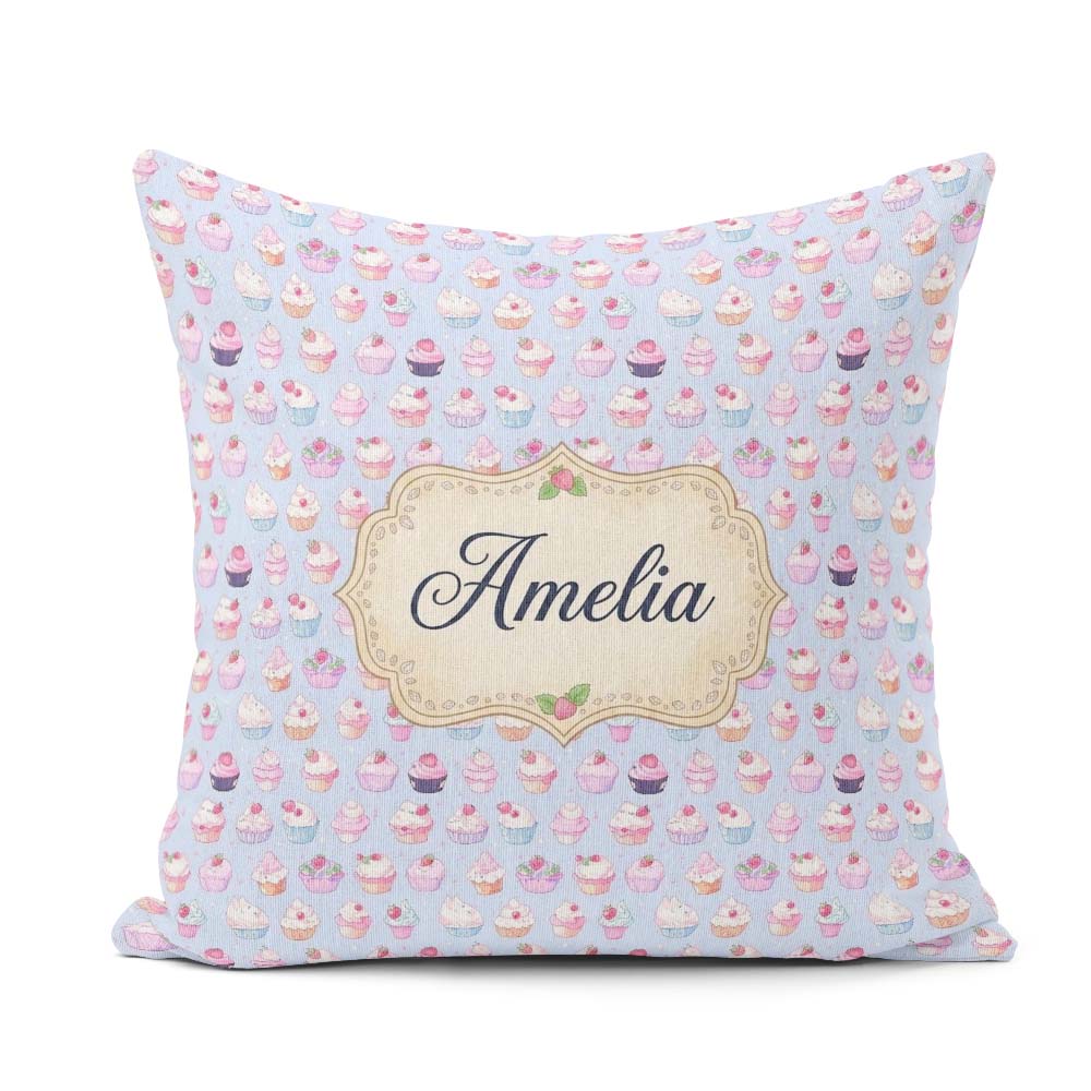 Custom Name Kawaii Cupcake Sweet Treats Blue Background Seamless Square Filled Cushion Throw Pillow Sofa Bed Home Decor Zip Washable UK Made