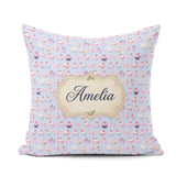 Custom Name Kawaii Cupcake Sweet Treats Blue Background Seamless Square Filled Cushion Throw Pillow Sofa Bed Home Decor Zip Washable UK Made