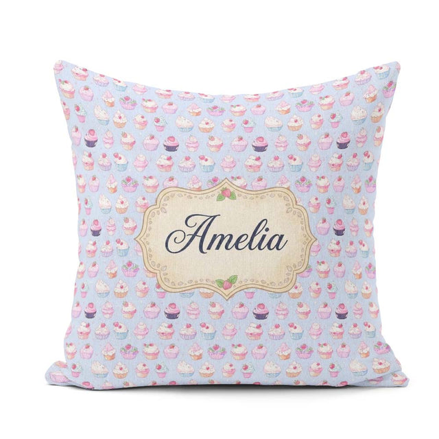 Custom Name Kawaii Cupcake Sweet Treats Blue Background Seamless Square Filled Cushion Throw Pillow Sofa Bed Home Decor Zip Washable UK Made