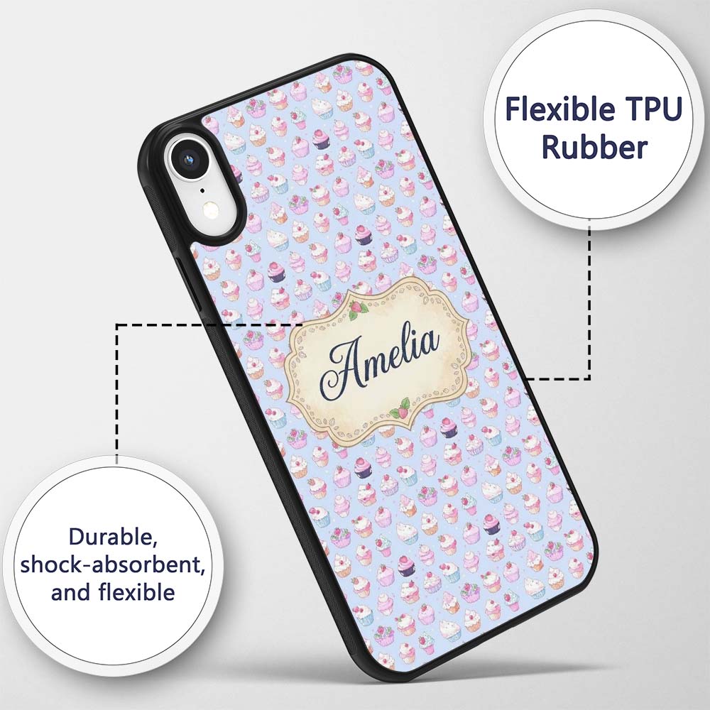 Kawaii Cupcake Sweet Treats Blue Printed Design Custom Name Protective Phone Case Mobile Cover Durable Everyday Smartphone Shock Resistant