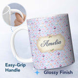 Personalized Custom Name Kawaii Cupcake Sweet Treats Blue Background Seamless Pattern Name 11oz Ceramic Coffee Tea Mug White Large Handle