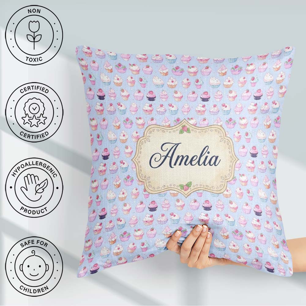 Custom Name Kawaii Cupcake Sweet Treats Blue Background Seamless Square Filled Cushion Throw Pillow Sofa Bed Home Decor Zip Washable UK Made