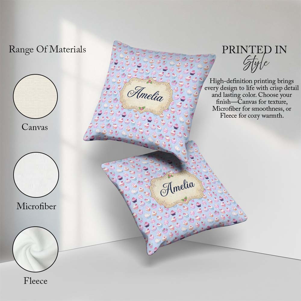 Custom Name Kawaii Cupcake Sweet Treats Blue Background Seamless Square Filled Cushion Throw Pillow Sofa Bed Home Decor Zip Washable UK Made