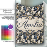 Elegant White Cockatoo Floral Dark Background Seamless Pattern Name  Personalised Custom Name Super Soft Fleece Blanket Bed Sofa Throw