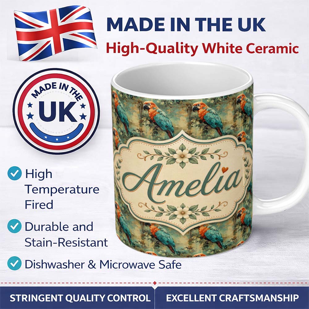 Personalized Custom Name Tropical Parrot Vintage Jungle Art Seamless Pattern Name Cute 11oz Ceramic Coffee Tea Mug White Large Handle