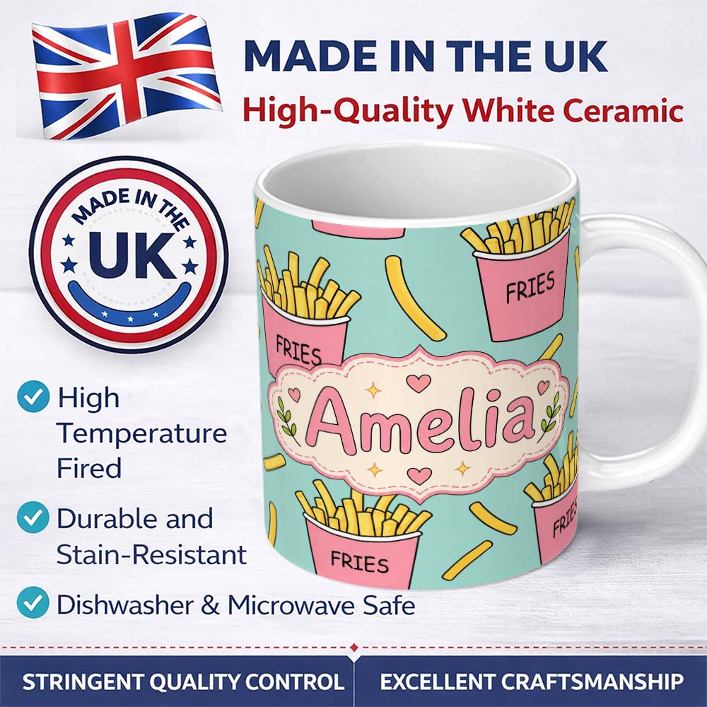 Personalized Custom Name Cute French Fries Cartoon Snack Seamless Pattern Pink Cups Mint 11oz Ceramic Coffee Tea Mug White Large Handle