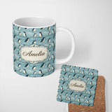 Personalized Custom Name Cute Penguin Birds Snowy Winter Landscape Seamless Pattern Name 11oz Ceramic Coffee Tea Mug White Large Handle