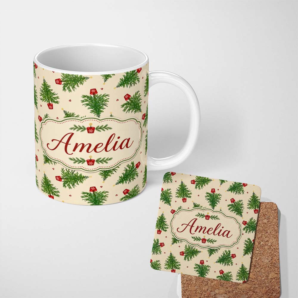 Personalized Custom Name Simple Green Christmas Trees Minimal Seamless Pattern Lovely 11oz Ceramic Coffee Tea Mug White Large Handle