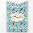 Cute Penguin Birds Snowy Winter Landscape Seamless Pattern Name  Personalised Custom Name Super Soft Fleece Blanket Bed Sofa Throw