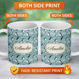 Personalized Custom Name Cute Penguin Birds Snowy Winter Landscape Seamless Pattern Name 11oz Ceramic Coffee Tea Mug White Large Handle