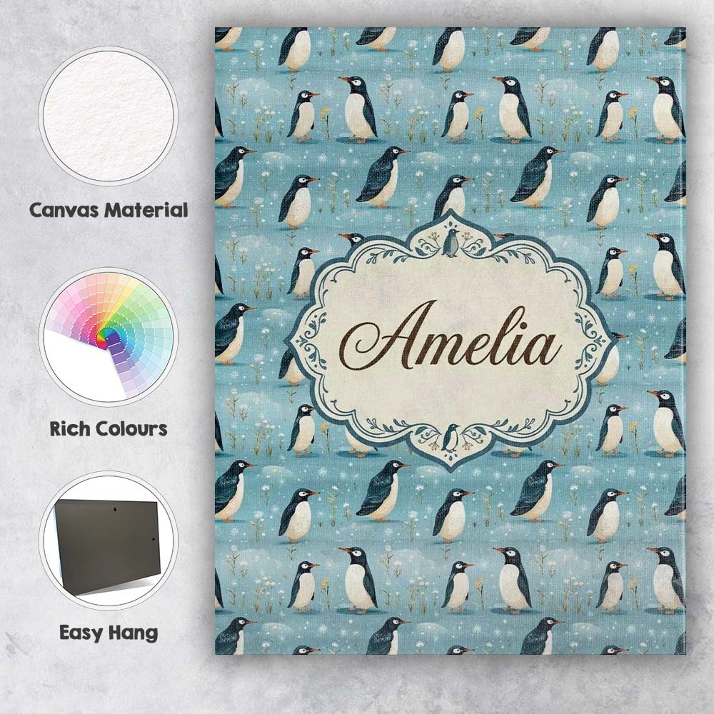 Personalised Name Cute Penguin Birds Snowy Custom  Unique Gift Idea Elegant Feature Canvas Wall Art Print Decor Picture Ready to Hang