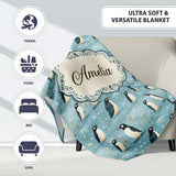 Cute Penguin Birds Snowy Winter Landscape Seamless Pattern Name  Personalised Custom Name Super Soft Fleece Blanket Bed Sofa Throw