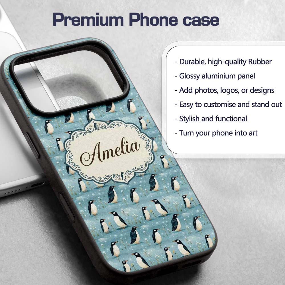 Cute Penguin Birds Snowy Winter Printed Design Custom Name Protective Phone Case Mobile Cover Durable Everyday Smartphone Shock Resistant