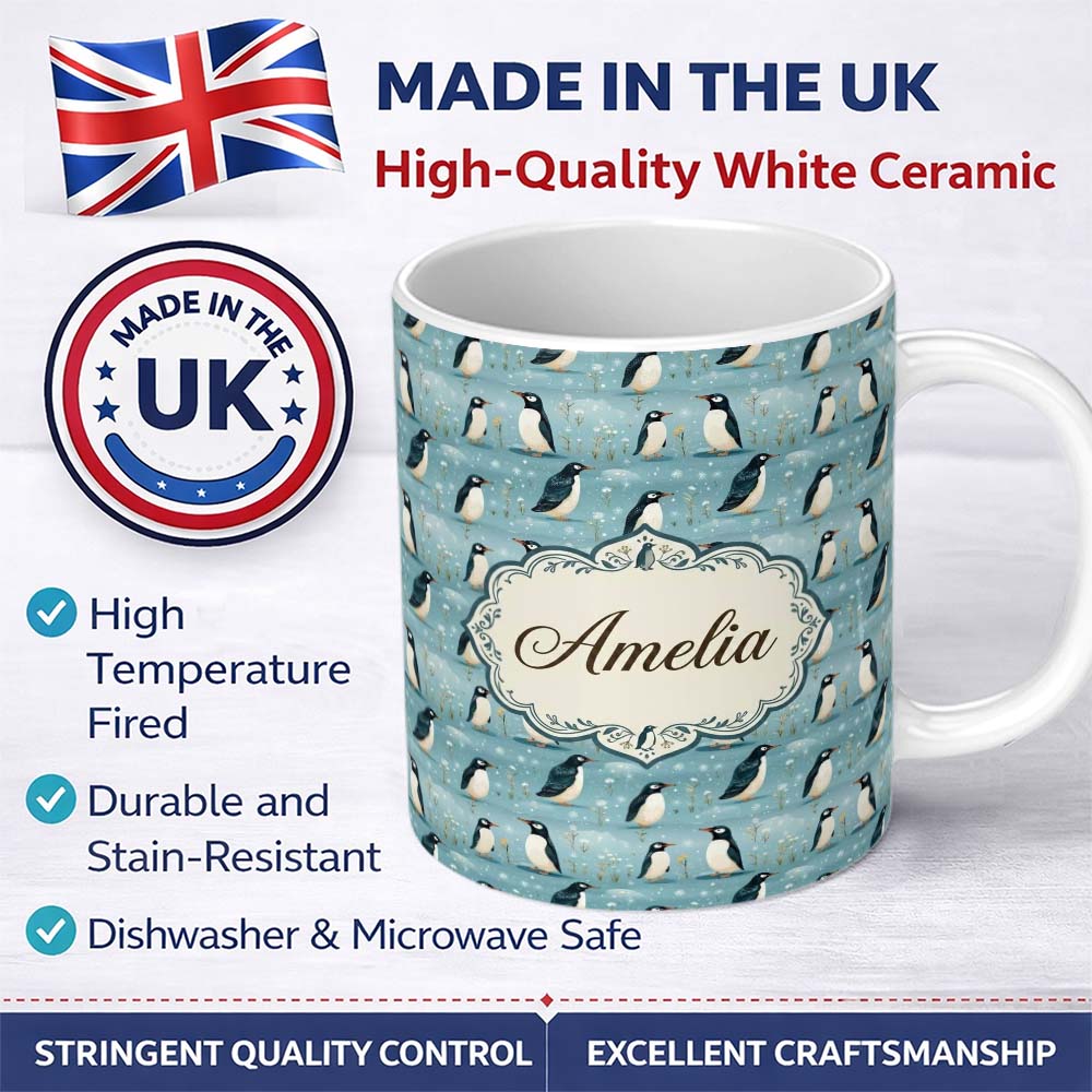 Personalized Custom Name Cute Penguin Birds Snowy Winter Landscape Seamless Pattern Name 11oz Ceramic Coffee Tea Mug White Large Handle