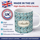 Personalized Custom Name Cute Penguin Birds Snowy Winter Landscape Seamless Pattern Name 11oz Ceramic Coffee Tea Mug White Large Handle