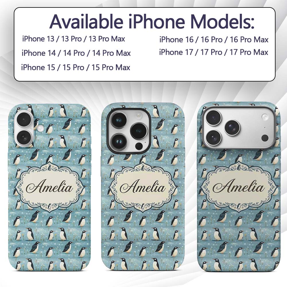 Cute Penguin Birds Snowy Winter Printed Design Custom Name Protective Phone Case Mobile Cover Durable Everyday Smartphone Shock Resistant