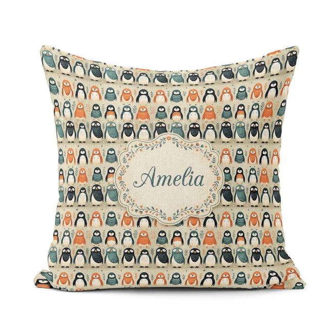 Custom Name Scandinavian Cute Penguin Folk Art Seamless Pattern Square Filled Cushion Throw Pillow Sofa Bed Home Decor Zip Washable UK Made