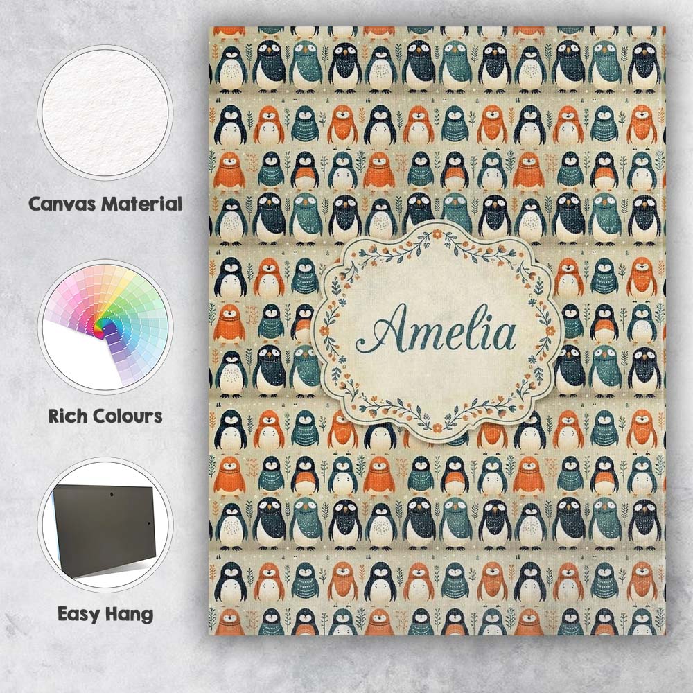 Personalised Name Scandinavian Cute Penguin Custom  Bespoke Interior Contemporary Canvas Wall Art Print Decor Picture Ready to Hang