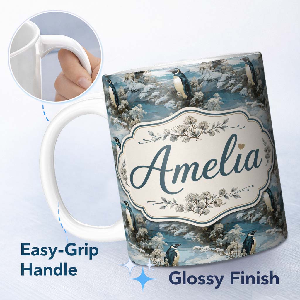 Personalized Custom Name Vintage Penguin Winter Nature Scene Seamless Pattern Name Cute 11oz Ceramic Coffee Tea Mug White Large Handle