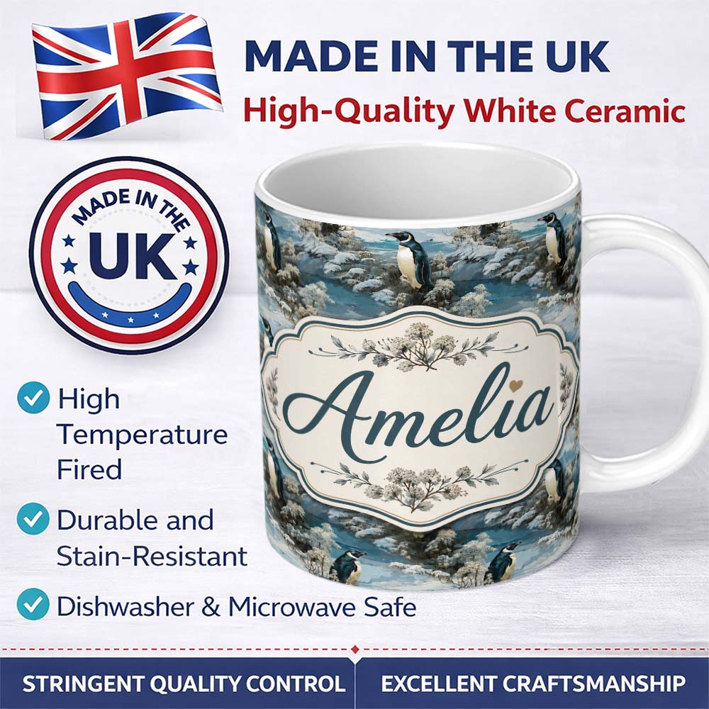 Personalized Custom Name Vintage Penguin Winter Nature Scene Seamless Pattern Name Cute 11oz Ceramic Coffee Tea Mug White Large Handle