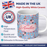 Personalized Custom Name Cute Love Couple Gifts Cakes Teddy Bear Seamless Pattern Blue Lovely 11oz Ceramic Coffee Tea Mug White Large Handle