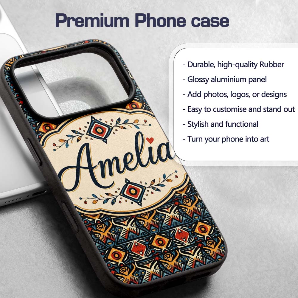 Abstract Tribal Geometric Shapes Seamless Pattern Custom Name Protective Phone Case Mobile Cover Durable Everyday Smartphone Shock Resistant