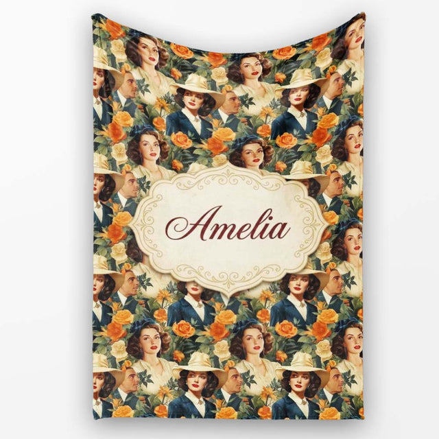 Vintage Elegant Women Portrait Floral Seamless Pattern Name Cute  Personalised Custom Name Super Soft Fleece Blanket Bed Sofa Throw