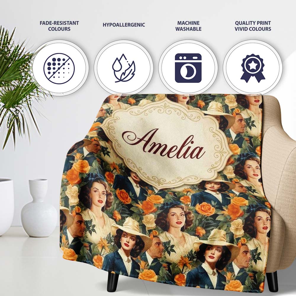 Vintage Elegant Women Portrait Floral Seamless Pattern Name Cute  Personalised Custom Name Super Soft Fleece Blanket Bed Sofa Throw
