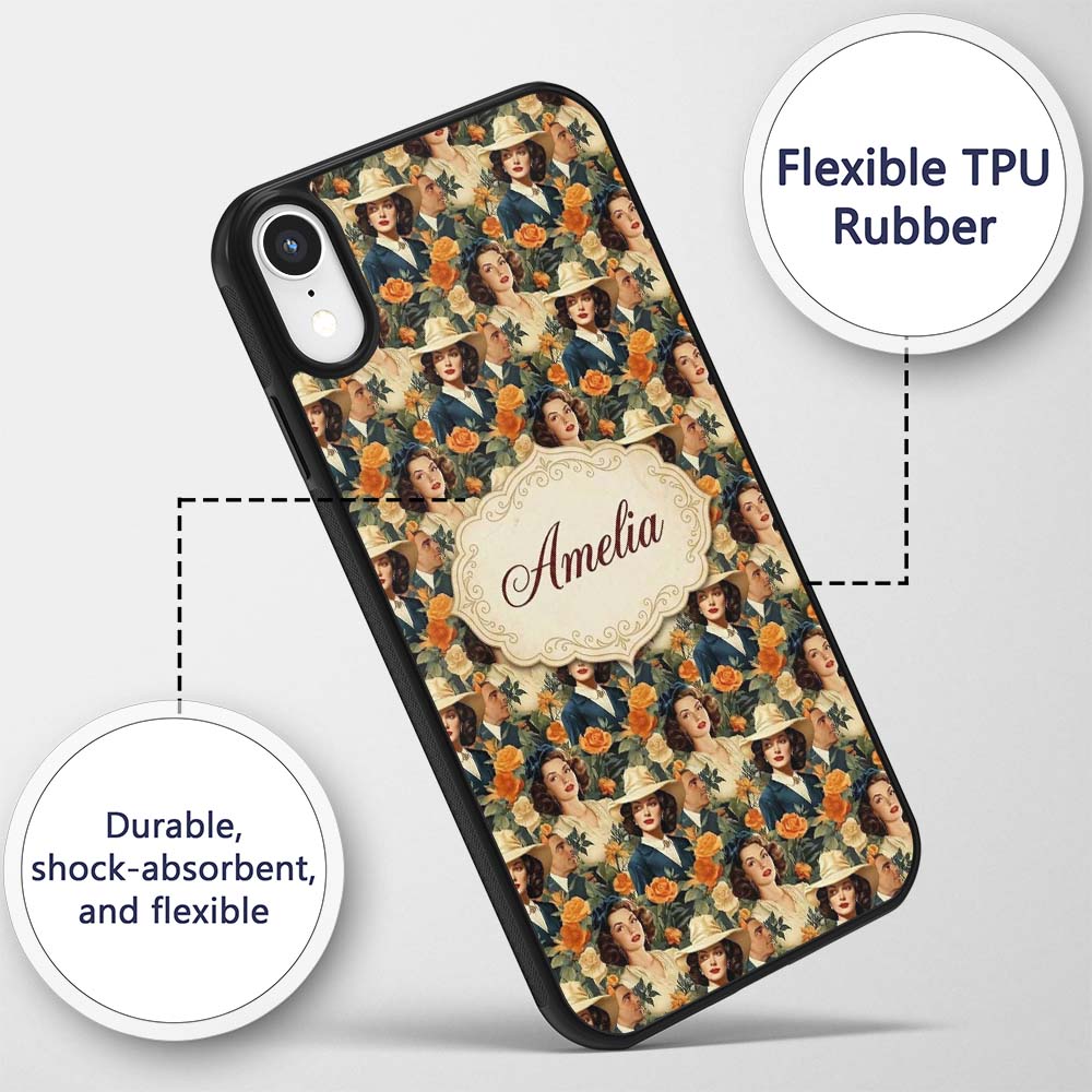 Vintage Elegant Women Portrait Floral Seamless Custom Name Protective Phone Case Mobile Cover Durable Everyday Smartphone Shock Resistant