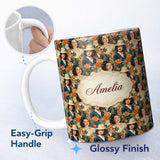 Personalized Custom Name Vintage Elegant Women Portrait Floral Seamless Pattern Name Cute 11oz Ceramic Coffee Tea Mug White Large Handle
