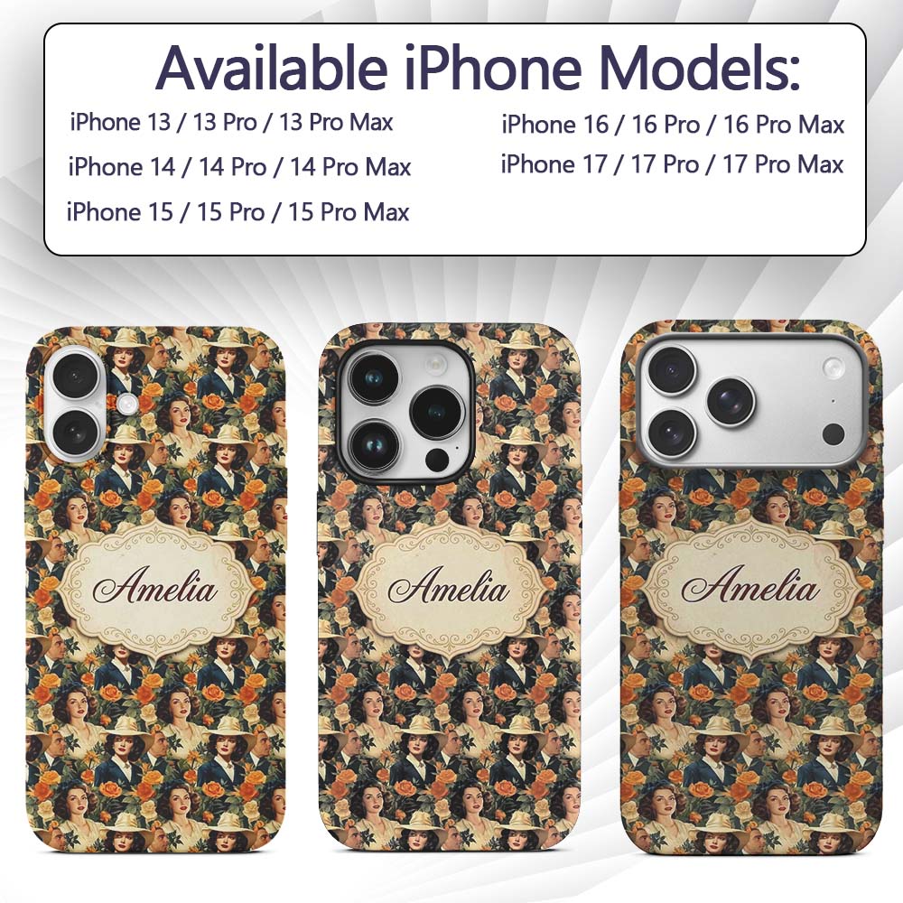 Vintage Elegant Women Portrait Floral Seamless Custom Name Protective Phone Case Mobile Cover Durable Everyday Smartphone Shock Resistant