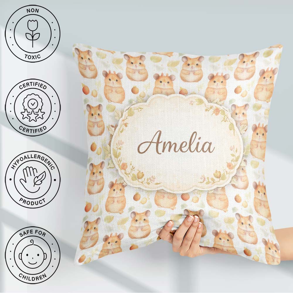 Custom Name Watercolor Hamster Fruit Snack Seamless Pattern Idea Square Filled Cushion Throw Pillow Sofa Bed Home Decor Zip Washable UK Made