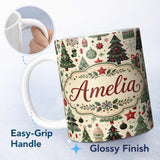 Personalized Custom Name Christmas Trees Stars Gifts Ornaments Seamless Pattern Holiday 11oz Ceramic Coffee Tea Mug White Large Handle