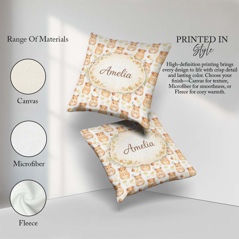 Custom Name Watercolor Hamster Fruit Snack Seamless Pattern Idea Square Filled Cushion Throw Pillow Sofa Bed Home Decor Zip Washable UK Made