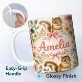 Personalized Custom Name Watercolor Chipmunk Wildflower Botanical Seamless Pattern Lovely 11oz Ceramic Coffee Tea Mug White Large Handle