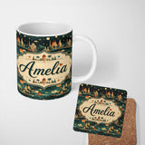 Personalized Custom Name Vintage City Skyline Night Travel Seamless Pattern Name Cute Unique 11oz Ceramic Coffee Tea Mug White Large Handle
