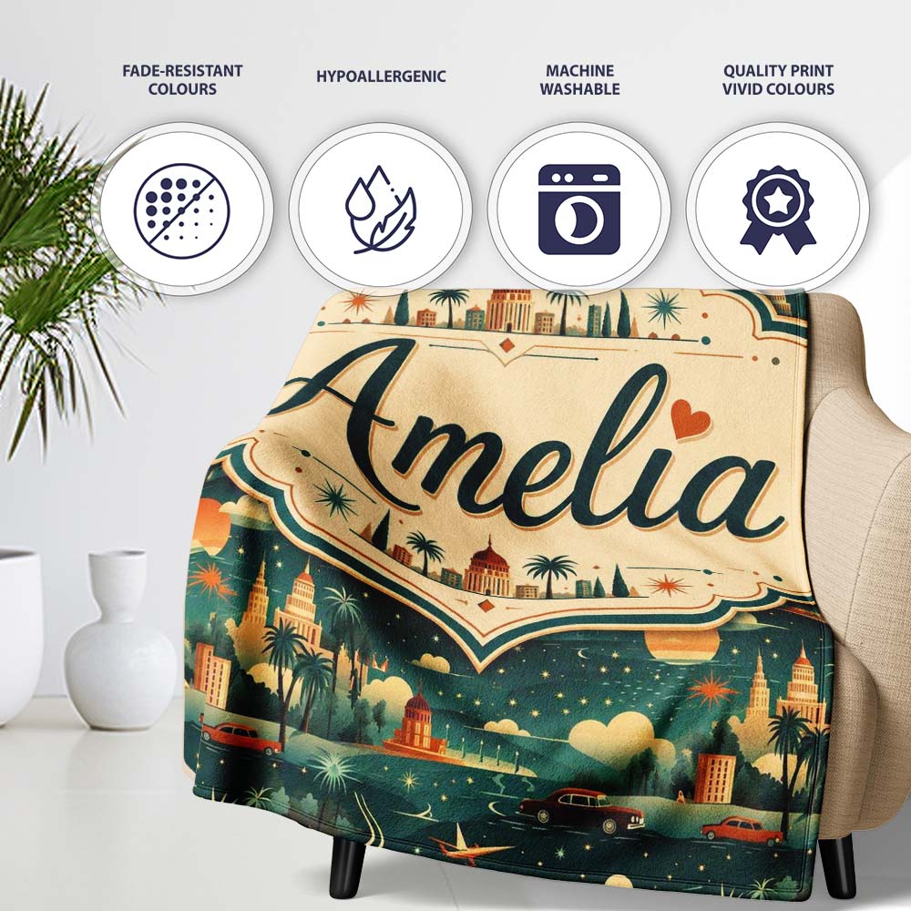 Vintage City Skyline Night Travel Seamless Pattern Name Cute Unique  Personalised Custom Name Super Soft Fleece Blanket Bed Sofa Throw