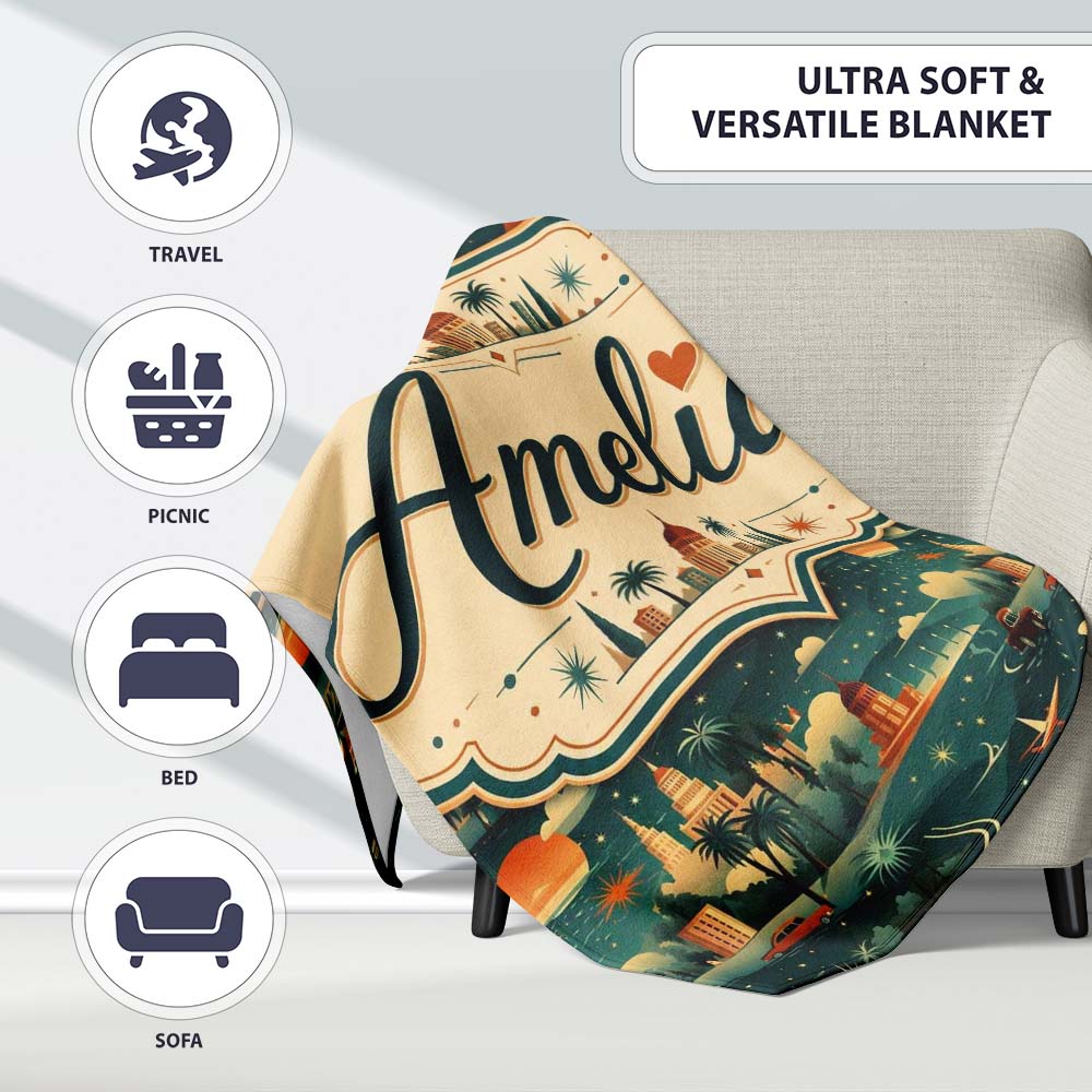 Vintage City Skyline Night Travel Seamless Pattern Name Cute Unique  Personalised Custom Name Super Soft Fleece Blanket Bed Sofa Throw