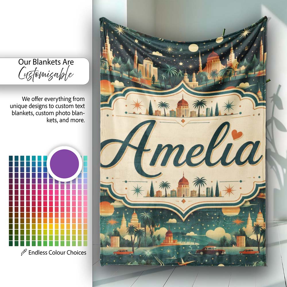 Vintage City Skyline Night Travel Seamless Pattern Name Cute Unique  Personalised Custom Name Super Soft Fleece Blanket Bed Sofa Throw