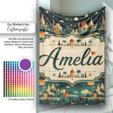 Vintage City Skyline Night Travel Seamless Pattern Name Cute Unique  Personalised Custom Name Super Soft Fleece Blanket Bed Sofa Throw