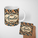 Personalized Custom Name Art Deco Fashion Couple Stylish Seamless Pattern Name Cute Unique 11oz Ceramic Coffee Tea Mug White Large Handle