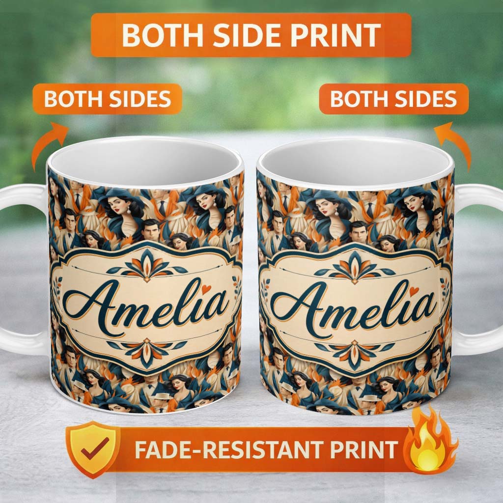 Personalized Custom Name Art Deco Fashion Couple Stylish Seamless Pattern Name Cute Unique 11oz Ceramic Coffee Tea Mug White Large Handle