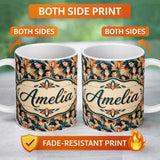 Personalized Custom Name Art Deco Fashion Couple Stylish Seamless Pattern Name Cute Unique 11oz Ceramic Coffee Tea Mug White Large Handle