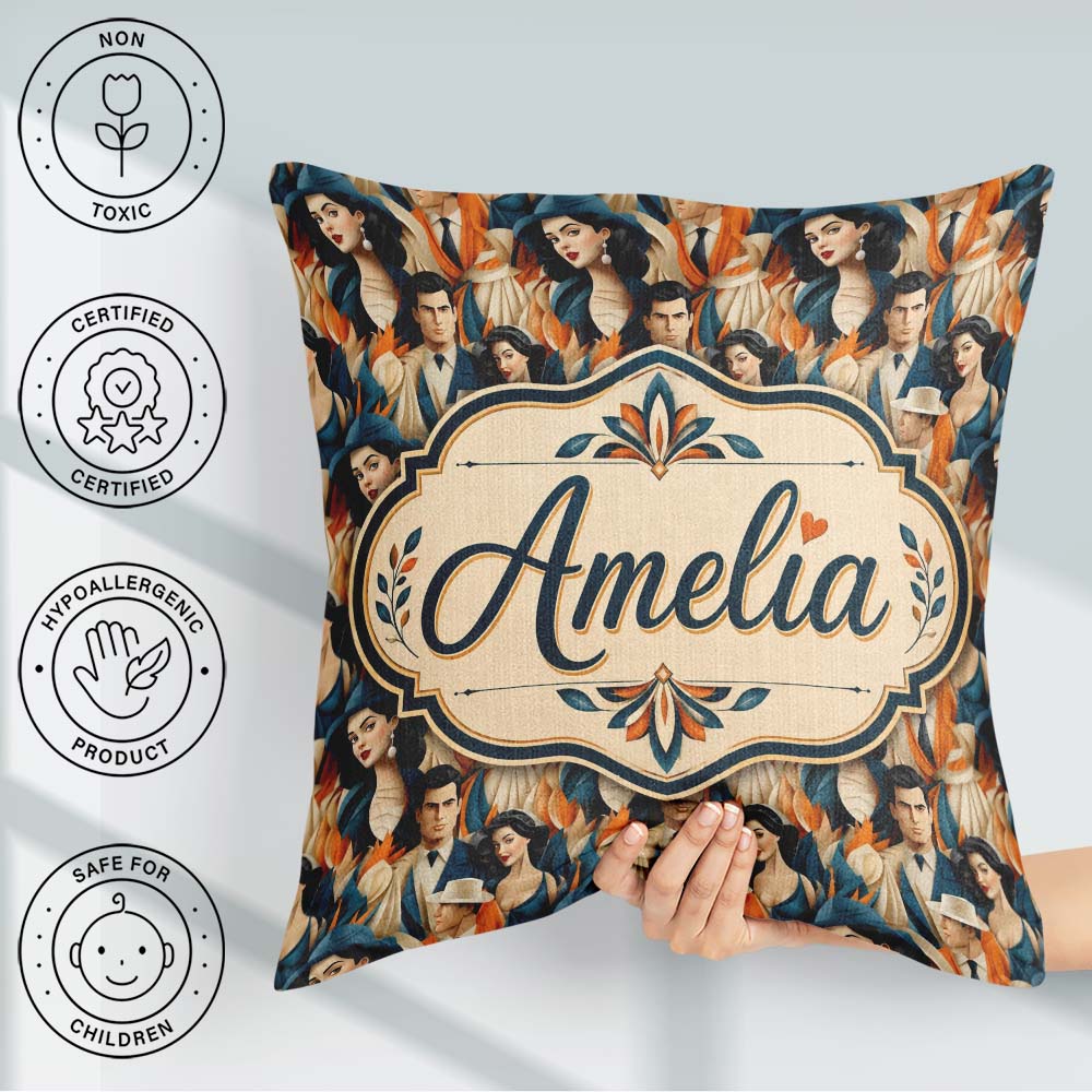 Custom Name Art Deco Fashion Couple Seamless Pattern Name Cute Square Filled Cushion Throw Pillow Sofa Bed Home Decor Zip Washable UK Made