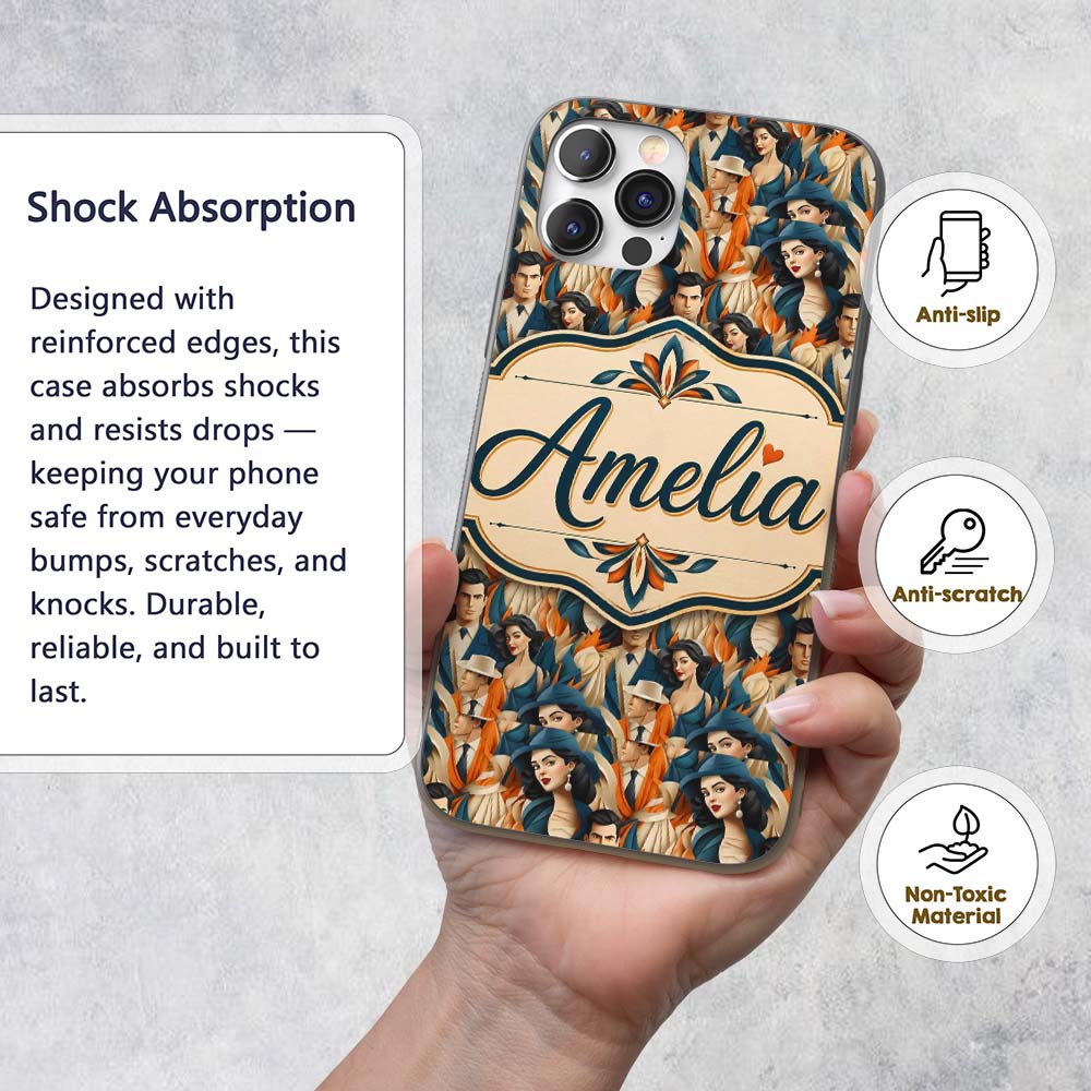 Art Deco Fashion Couple Stylish Seamless Pattern Custom Name Protective Phone Case Mobile Cover Durable Everyday Smartphone Shock Resistant