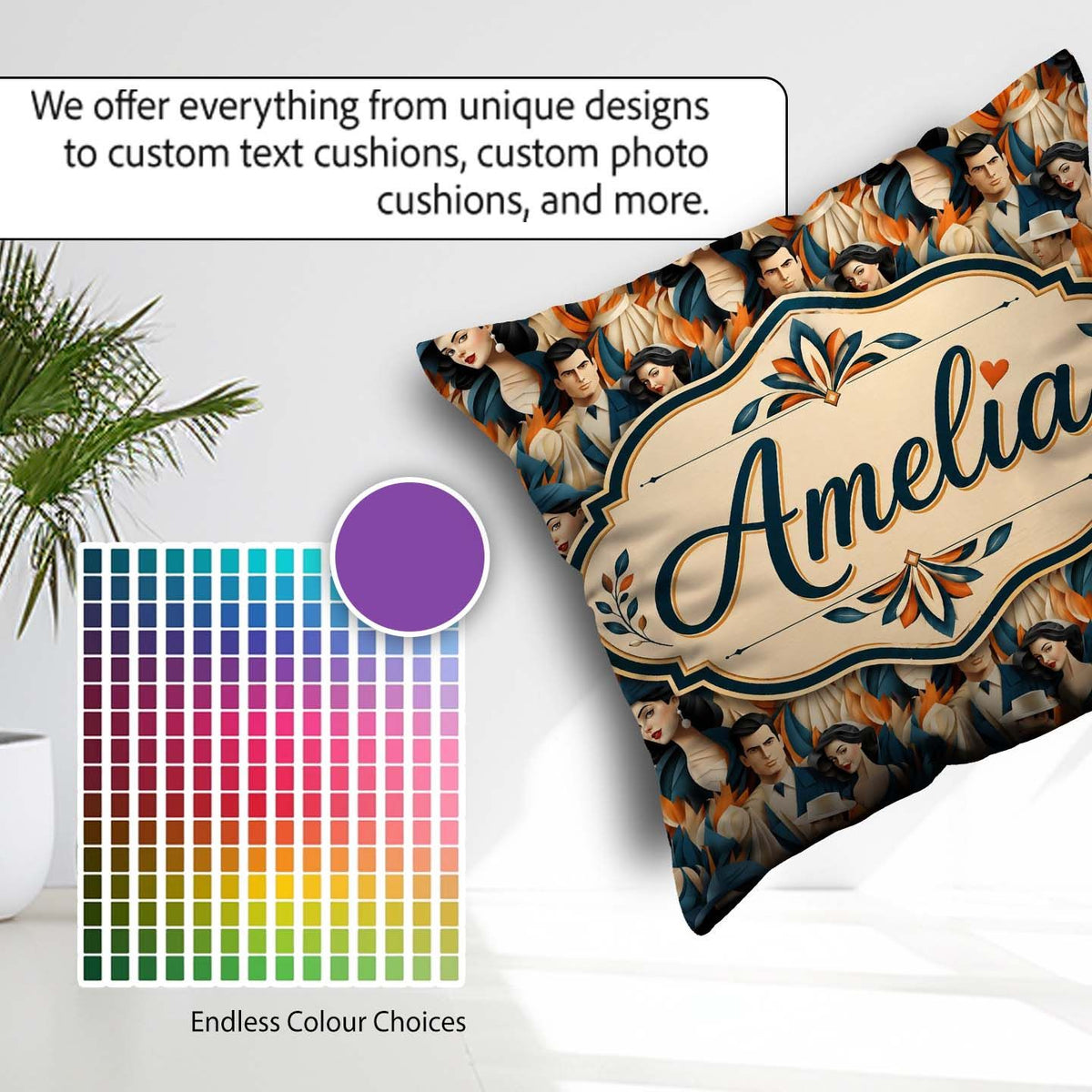 Custom Name Art Deco Fashion Couple Seamless Pattern Name Cute Square Filled Cushion Throw Pillow Sofa Bed Home Decor Zip Washable UK Made