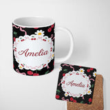 Personalized Custom Name Cute Cherry and Daisy Flowers with Pink Ribbon Bows Pattern Black 11oz Ceramic Coffee Tea Mug White Large Handle